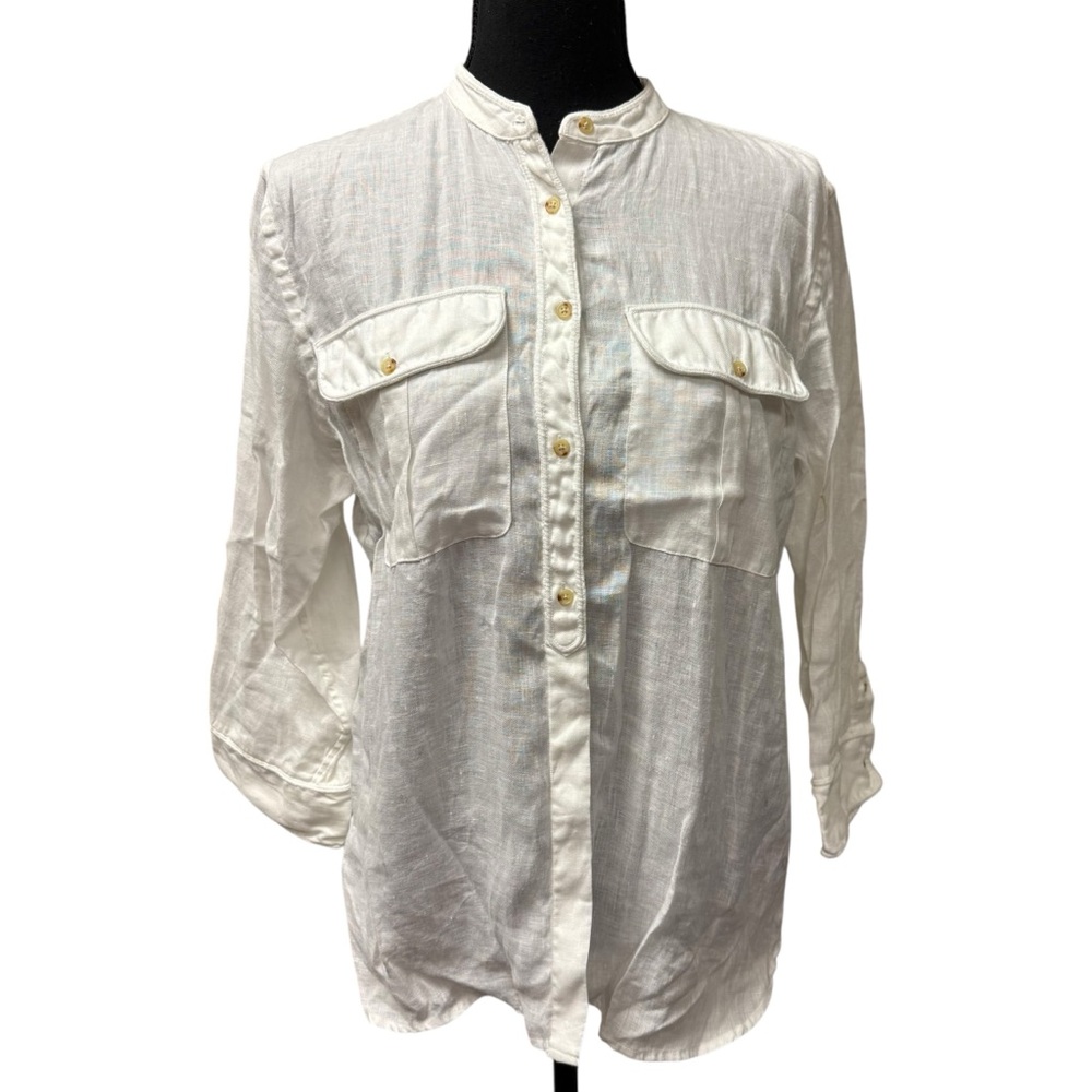 Lauren Ralph Lauren White Linen Utility Shirt Button Front Lightweight Top
